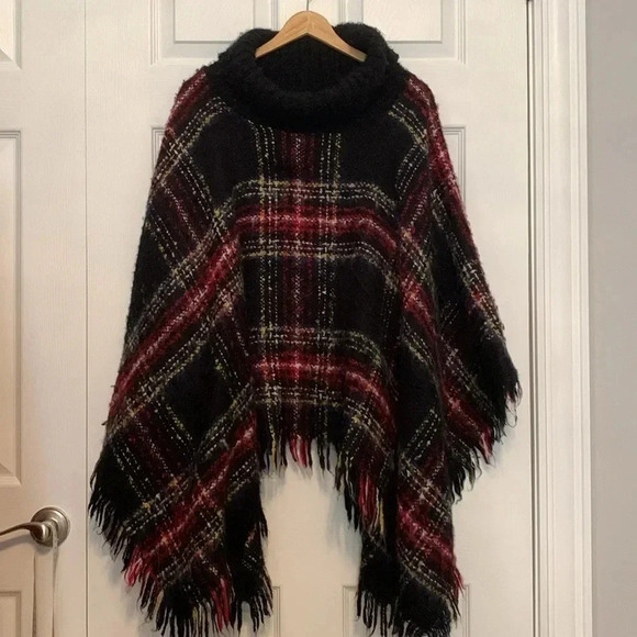 Plaid poncho turtleneck O/S - Picture 2 of 7